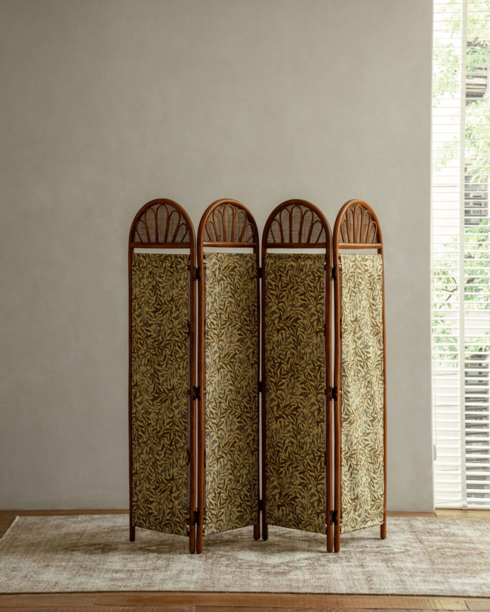 GeTan Rattan Room Divider with agate vine frame and willow leaf pattern fabric panels.