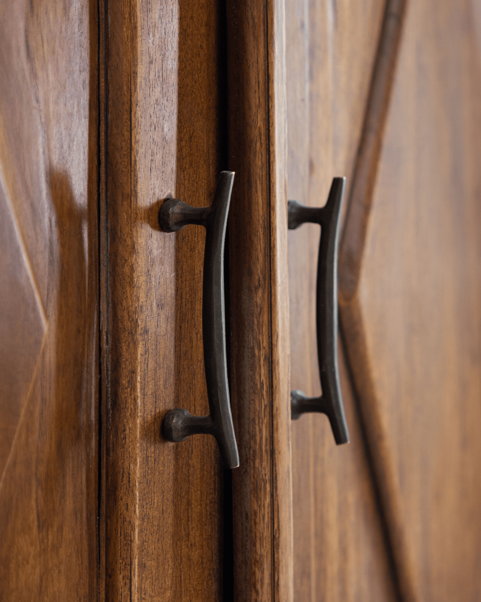 Victoria Teak Cabinet with distressed brass hardware and intricately carved teak wood doors.