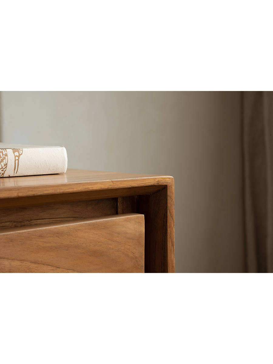 NO.44 Teak Sideboard detail. Solid teak wood drawer and top with a book, elegant design and ample storage.