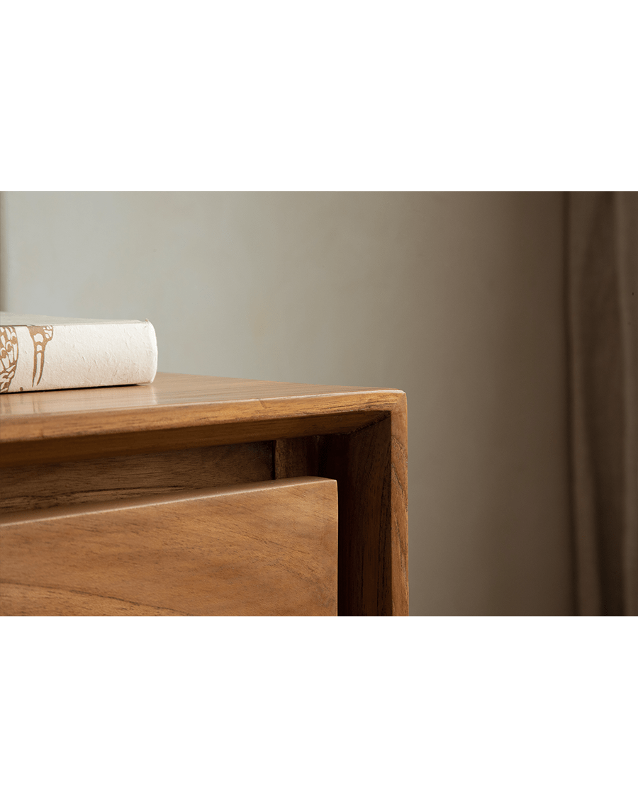 NO.44 Teak Sideboard detail. Solid teak wood drawer and top with a book, elegant design and ample storage.