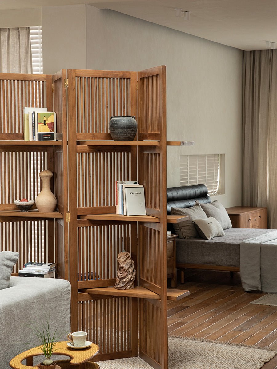 Sylvan Room Divider teak wood slatted screen with shelves displaying decor