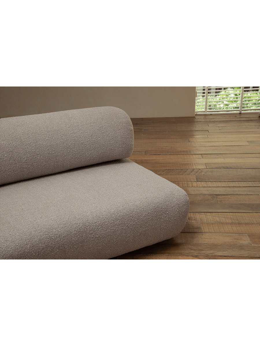 Beige Wave Bouclé Sofa detail. Soft bouclé fabric with a wave-like design, perfect for a retro or minimalist living room.