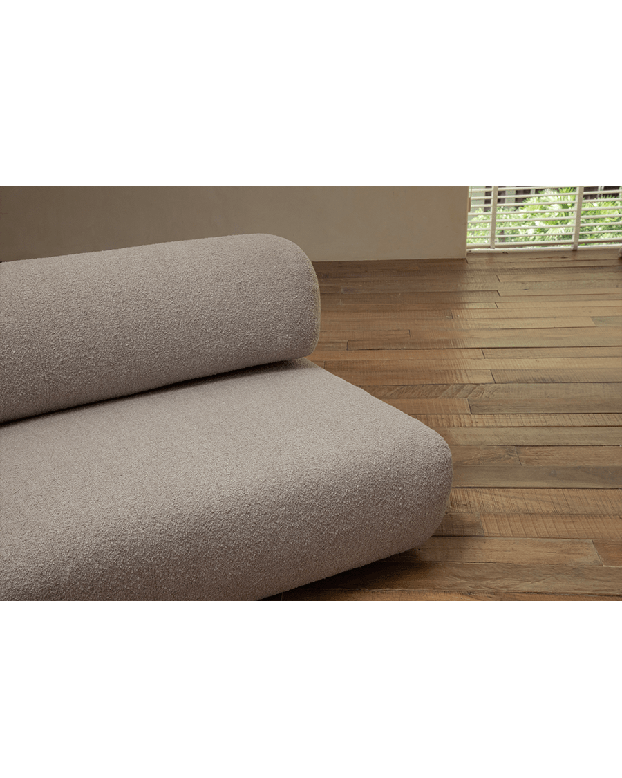 Beige Wave Bouclé Sofa detail. Soft bouclé fabric with a wave-like design, perfect for a retro or minimalist living room.