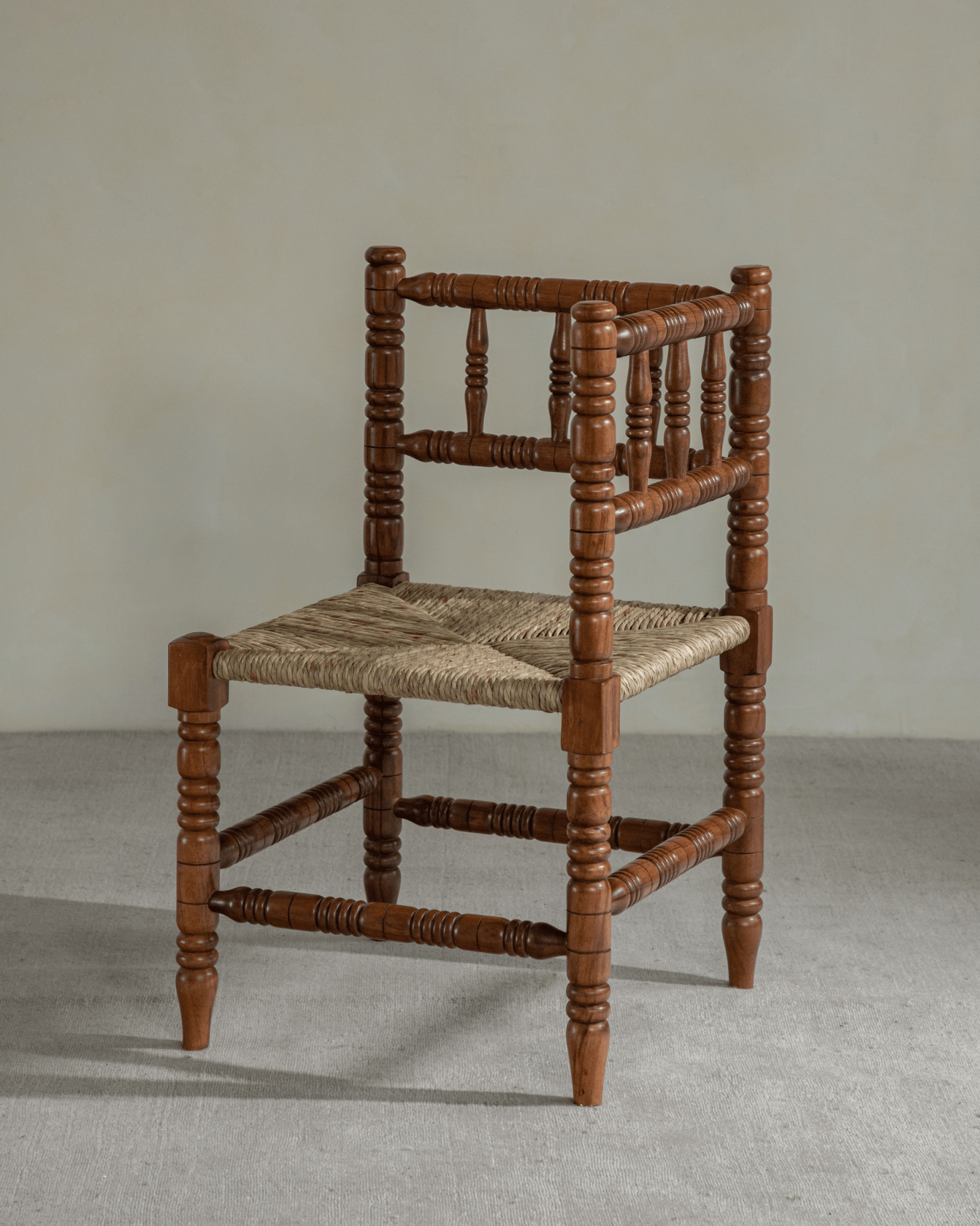 Bobbin Corner Chair - French Vintage, Indonesian Teak frame, woven grass rope seat
