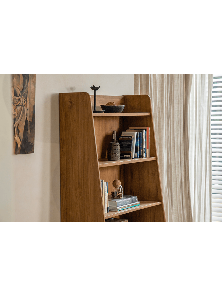 Lidi Display Cabinet - Teak wood bookshelf with adjustable shelves, showcasing modern design and interior decor.