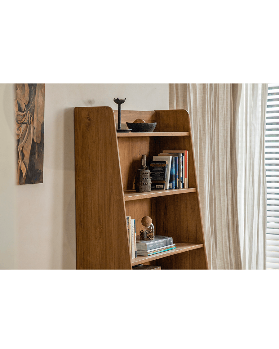 Lidi Display Cabinet - Teak wood bookshelf with adjustable shelves, showcasing modern design and interior decor.