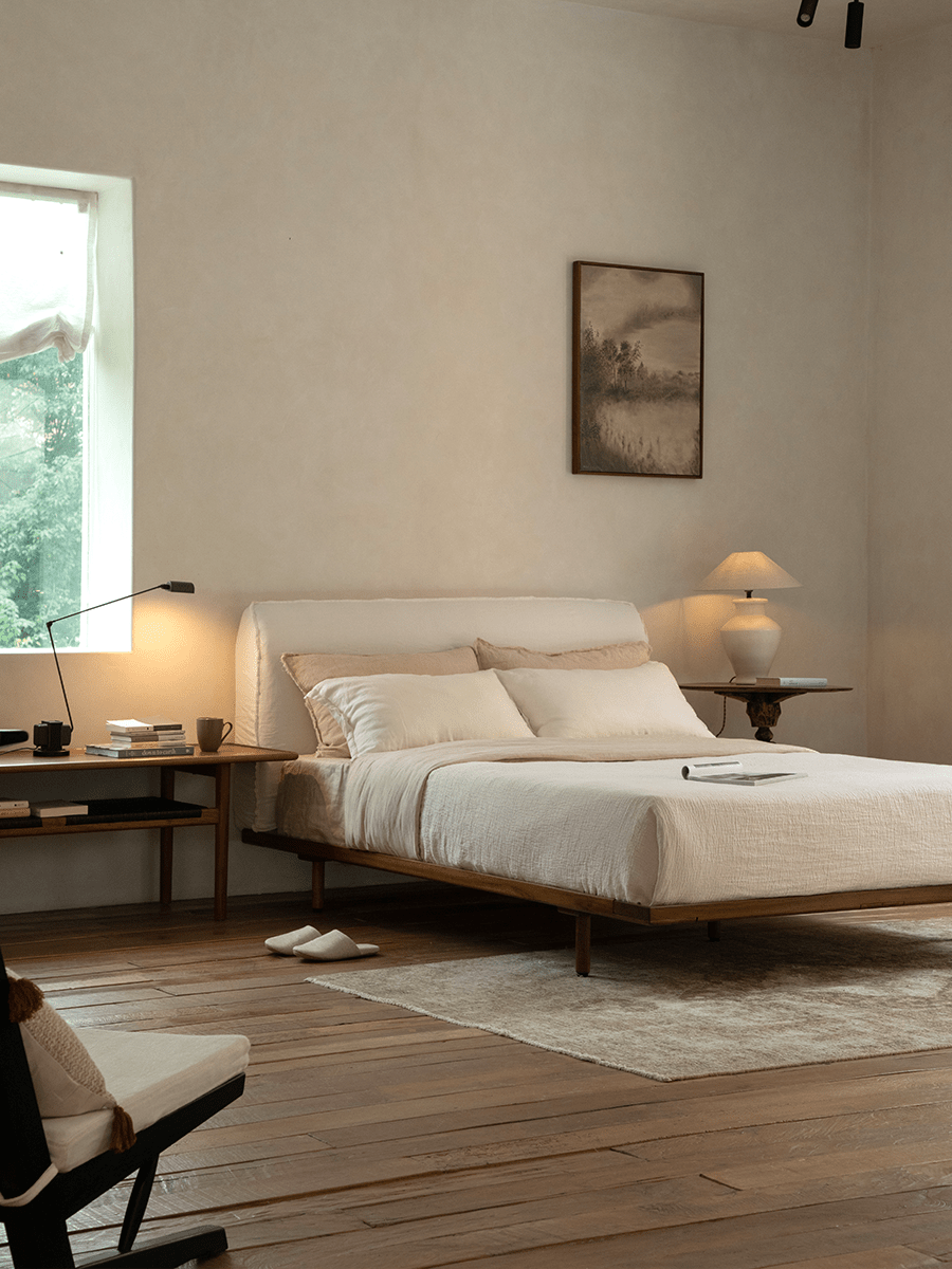 Seren Teak Linen Bed in a serene bedroom with teak frame, linen cover, natural light, and calming atmosphere.