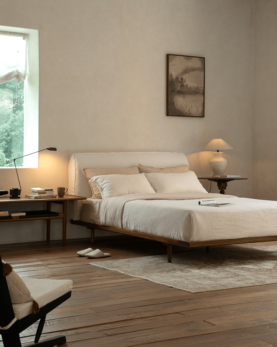Seren Teak Linen Bed in a serene bedroom with teak frame, linen cover, natural light, and calming atmosphere.