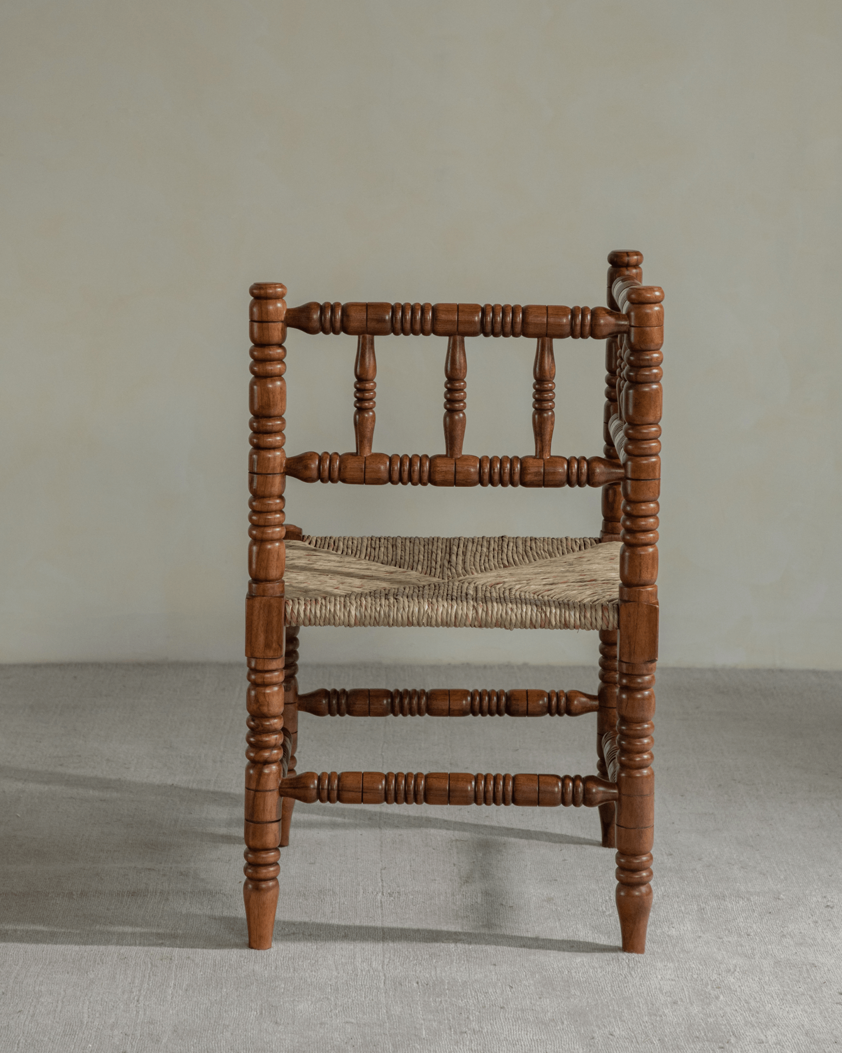 Bobbin Corner Chair - French vintage design, Indonesian Teak frame, grass rope seat, handcrafted details
