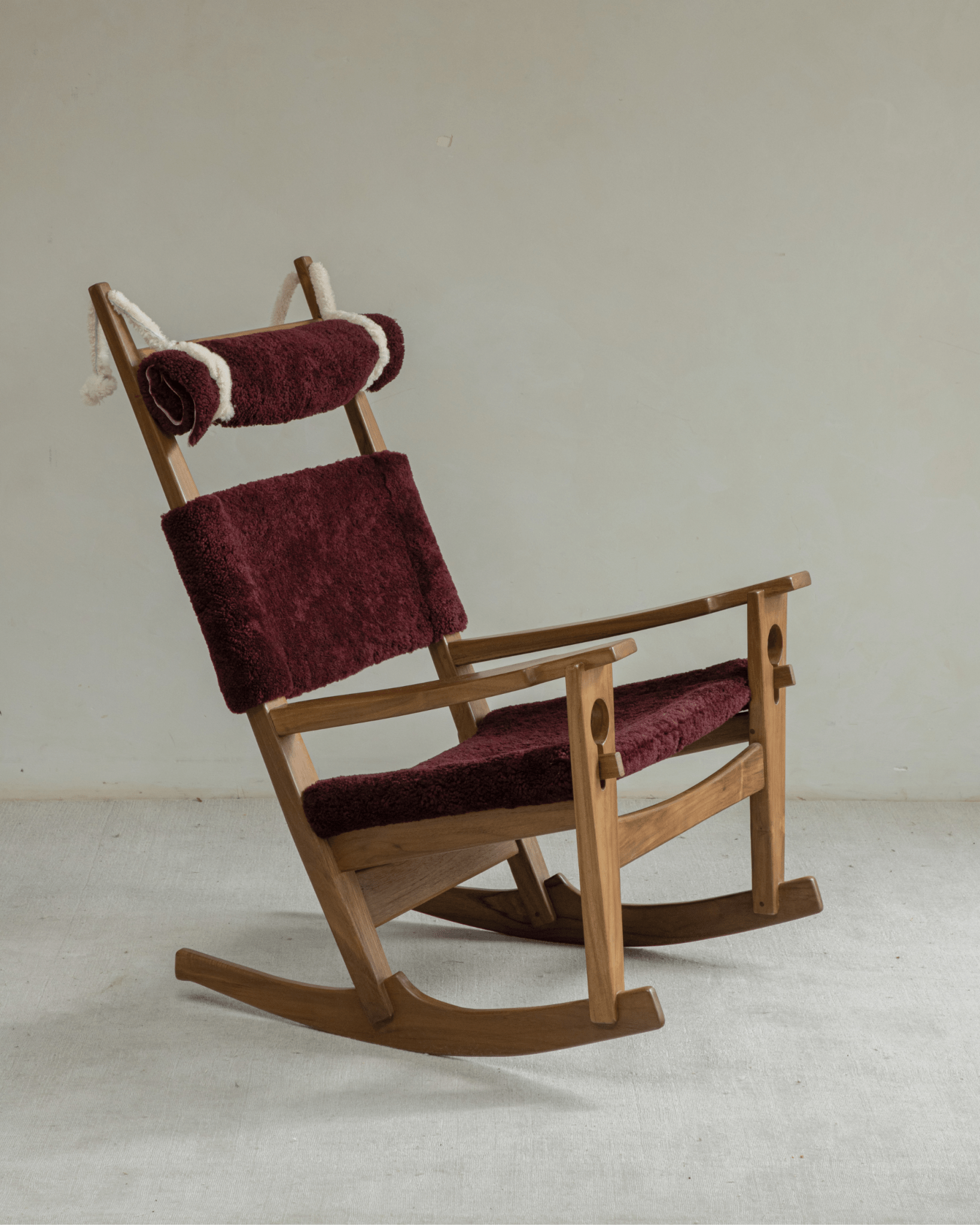 Hans Rocking Chair in Burgundy Shearling - Danish design with teak frame and sleigh rockers, Cozy interior