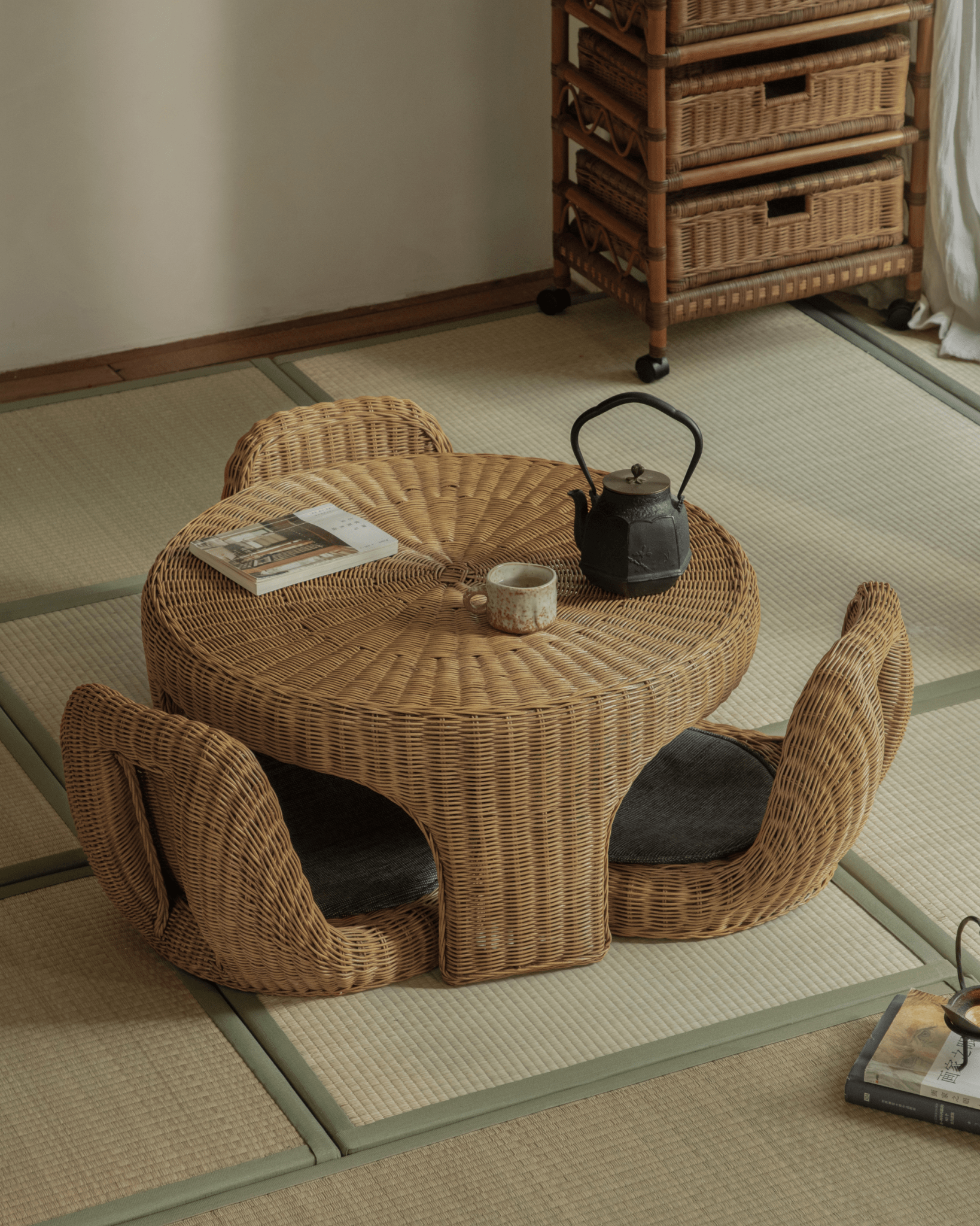 Lotus Tatami Set - Rattan tea table and chairs for zen tea room, handcrafted with tatami mat