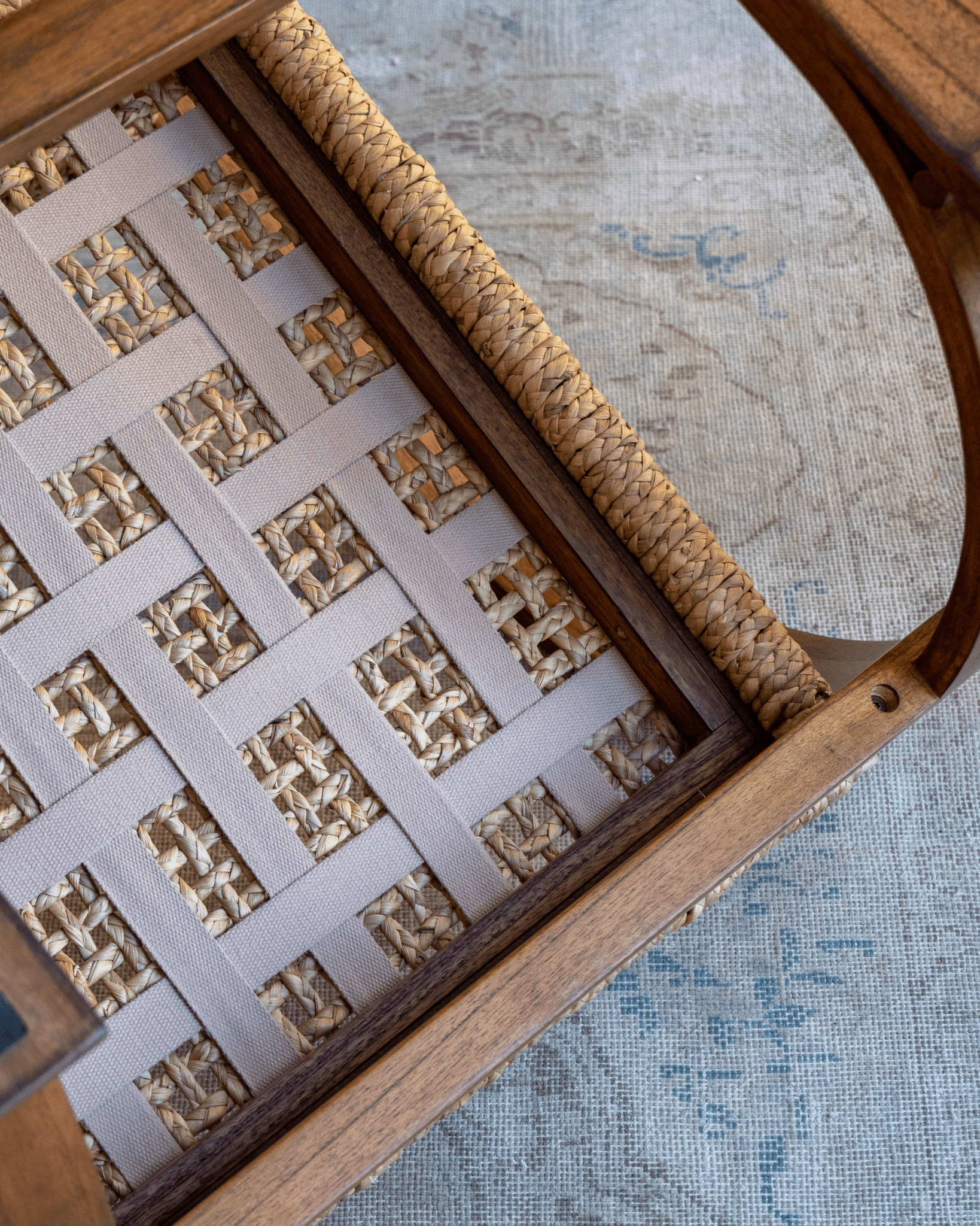 C Curve Lounge Chair detail: woven grass rope seat and bentwood frame, mid-century modern