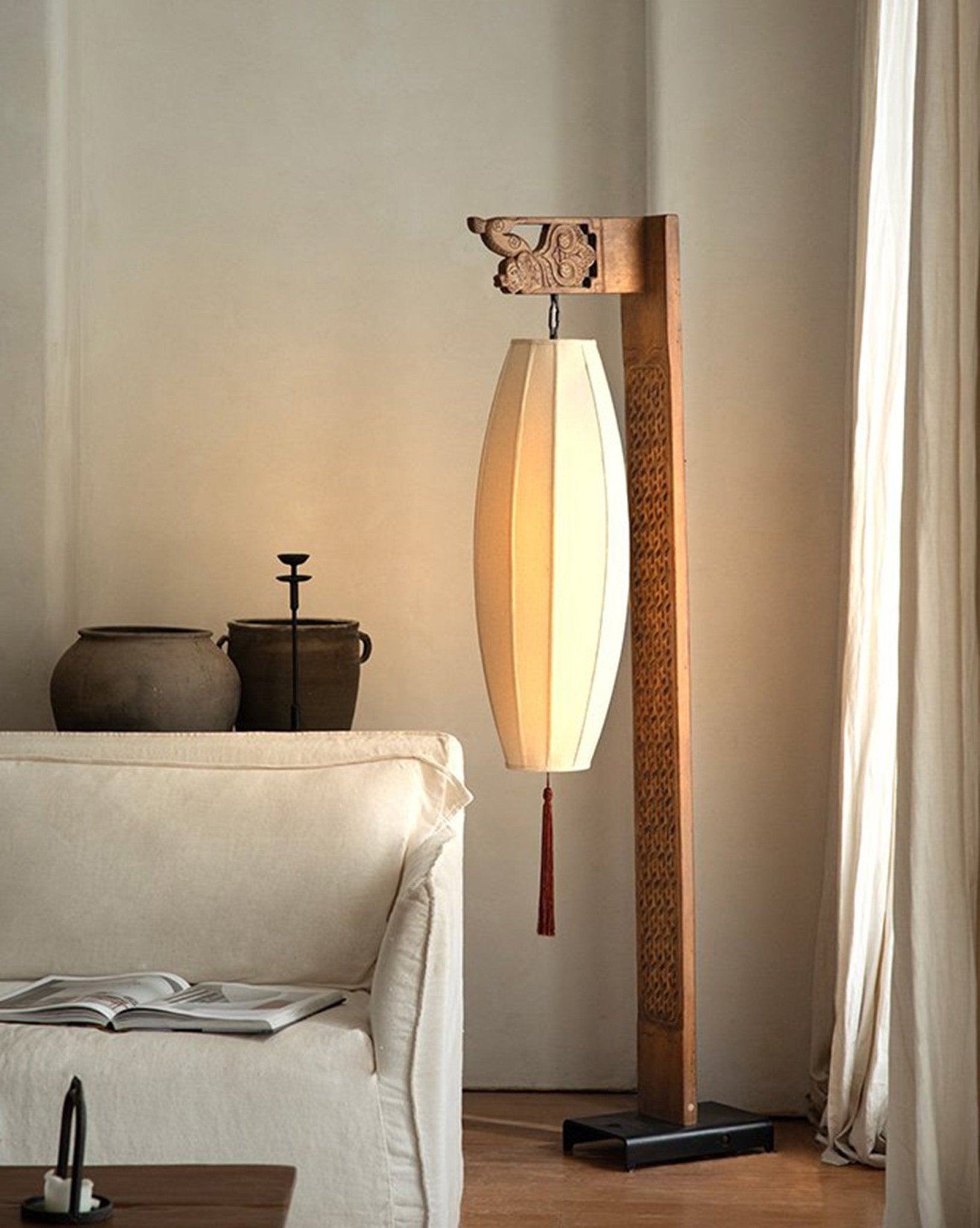 Chinese floor lamp with wooden frame and fabric shade, oriental style home decor.