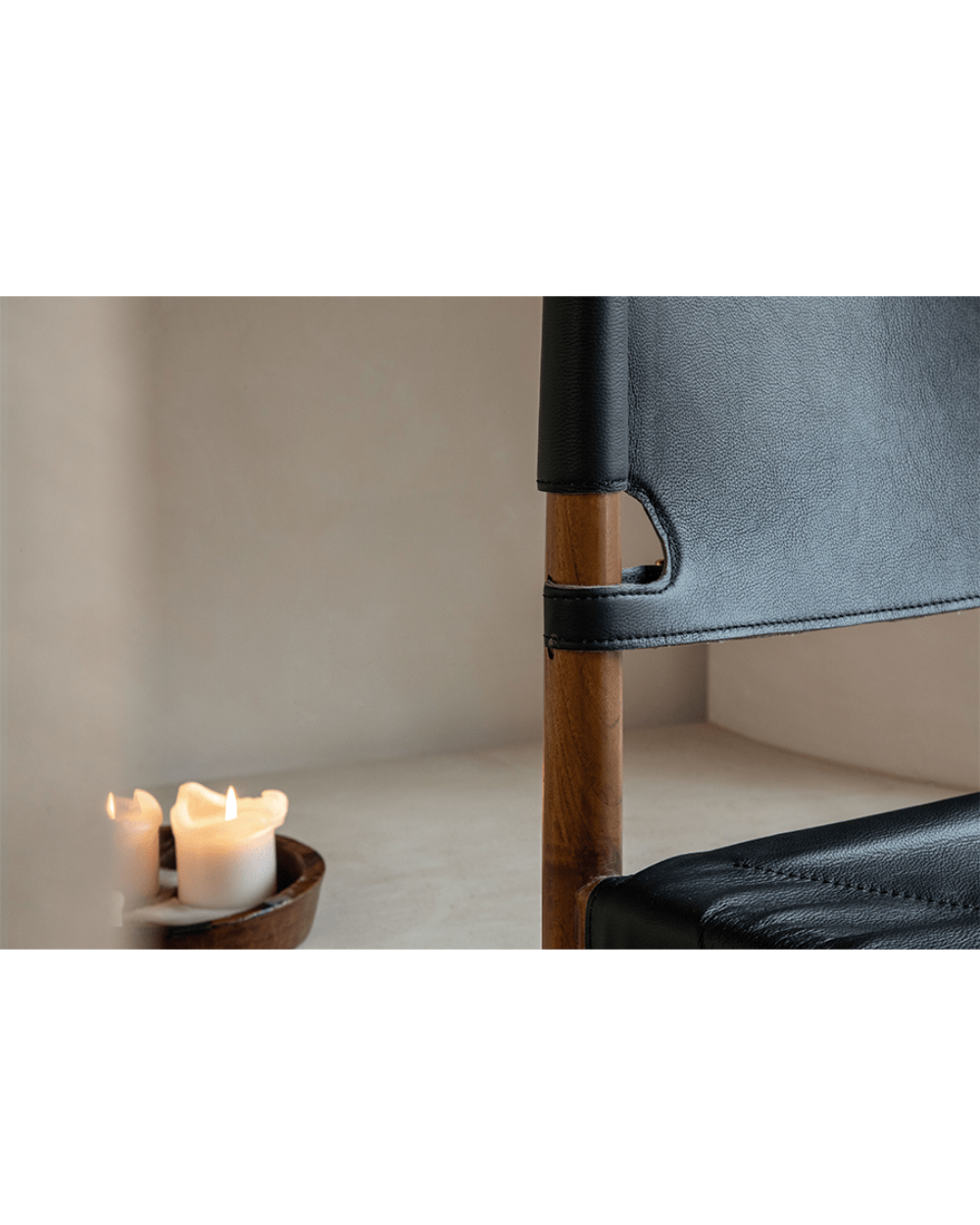 Spanish Dining Chair detail: Black leather seat and back, teak wood frame, durable design