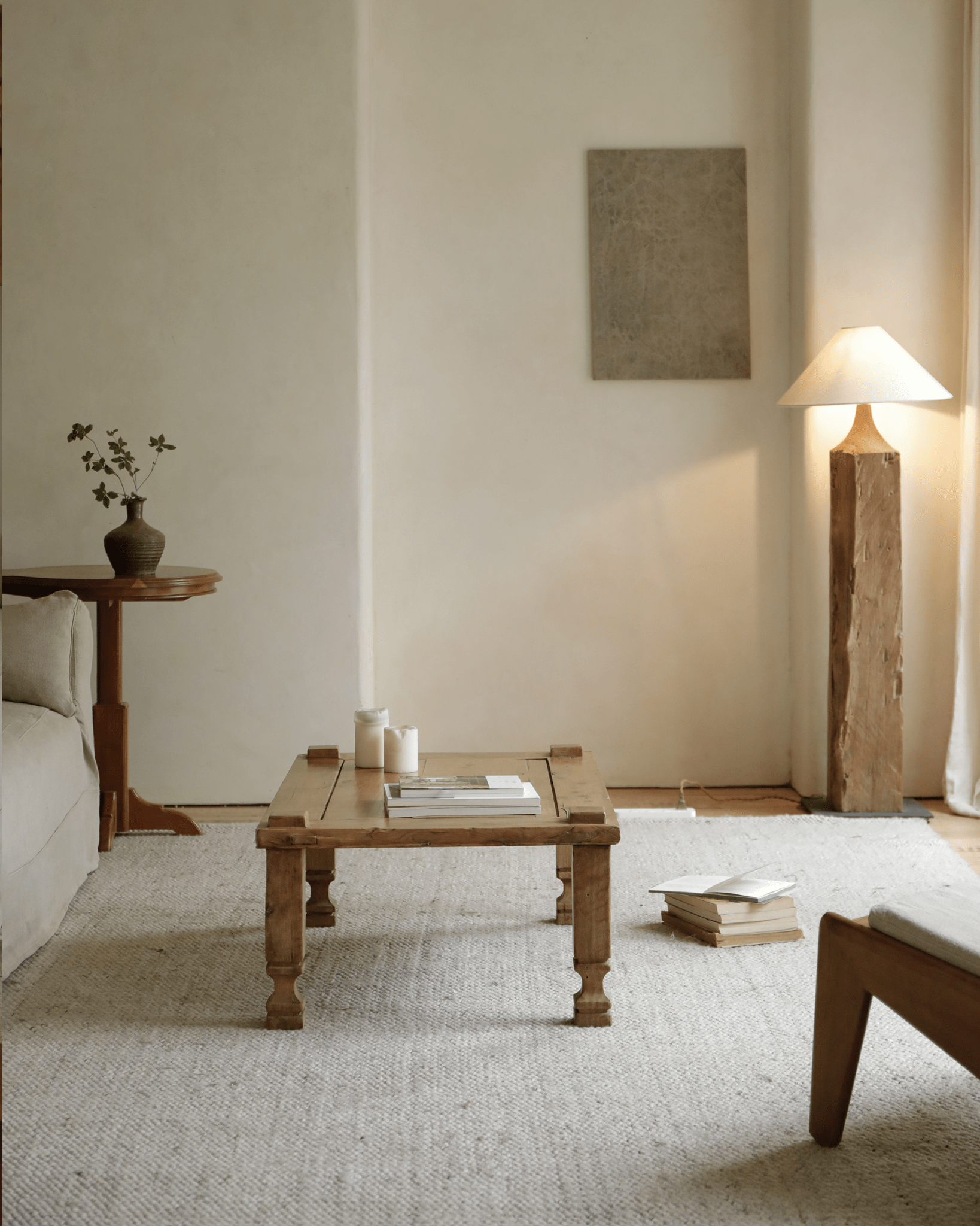 Keoni Coffee Table in natural living room setting with simple design and reclaimed wood; rustic style.