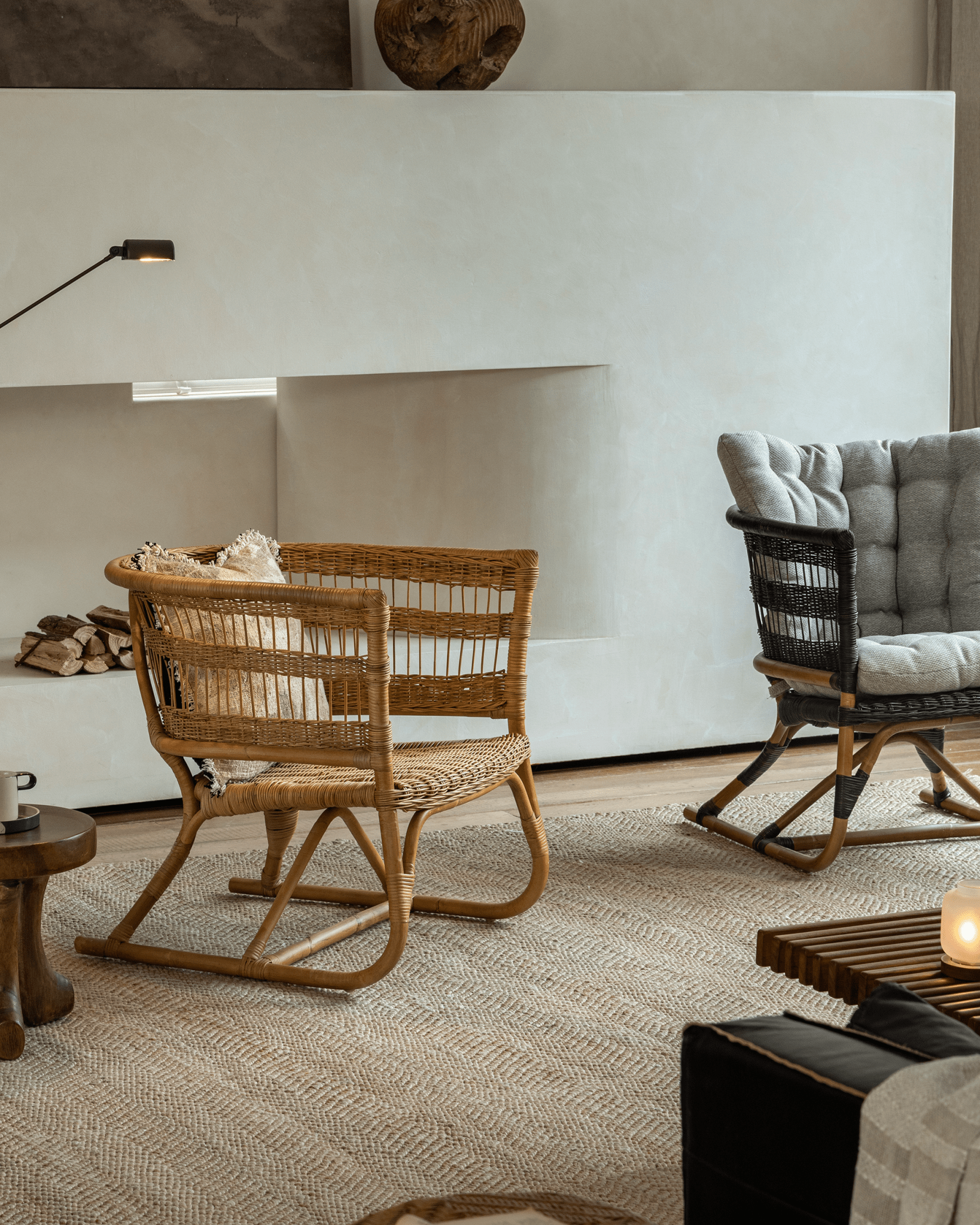 Helian Rattan Chair in a cozy interior, natural rattan frame, gray silk cushion, and handcrafted design
