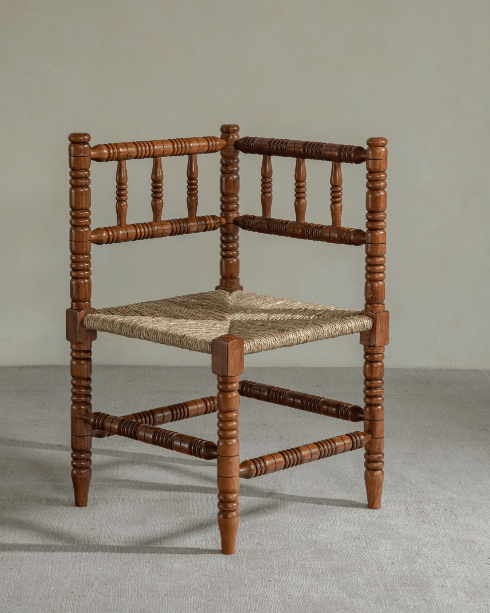 Bobbin Corner Chair - French Vintage style, wooden frame, woven seat, handcrafted details