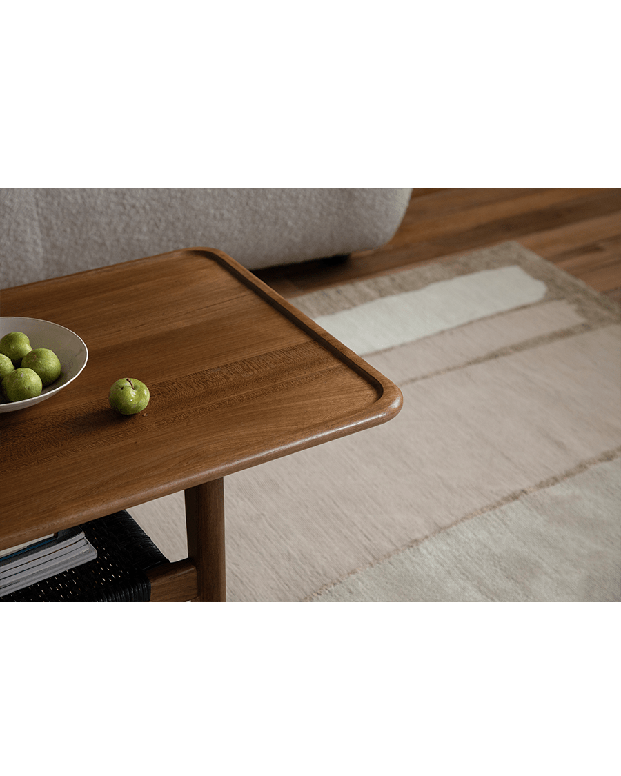 Hans Accent Table detail, wooden coffee table with minimalist design and apples on the table surface