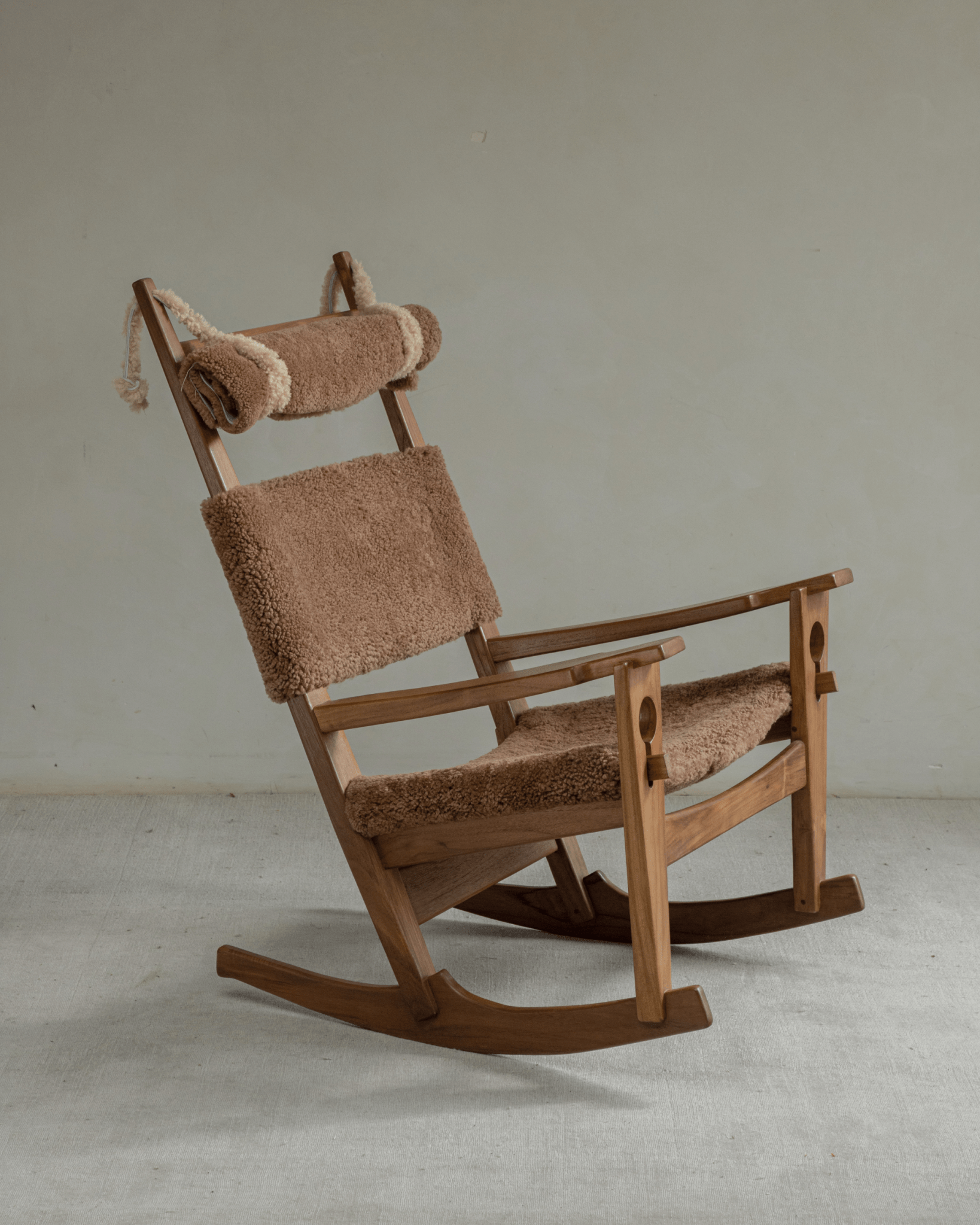 Hans Rocking Chair in brown shearling, Danish design with teak frame for cozy interior