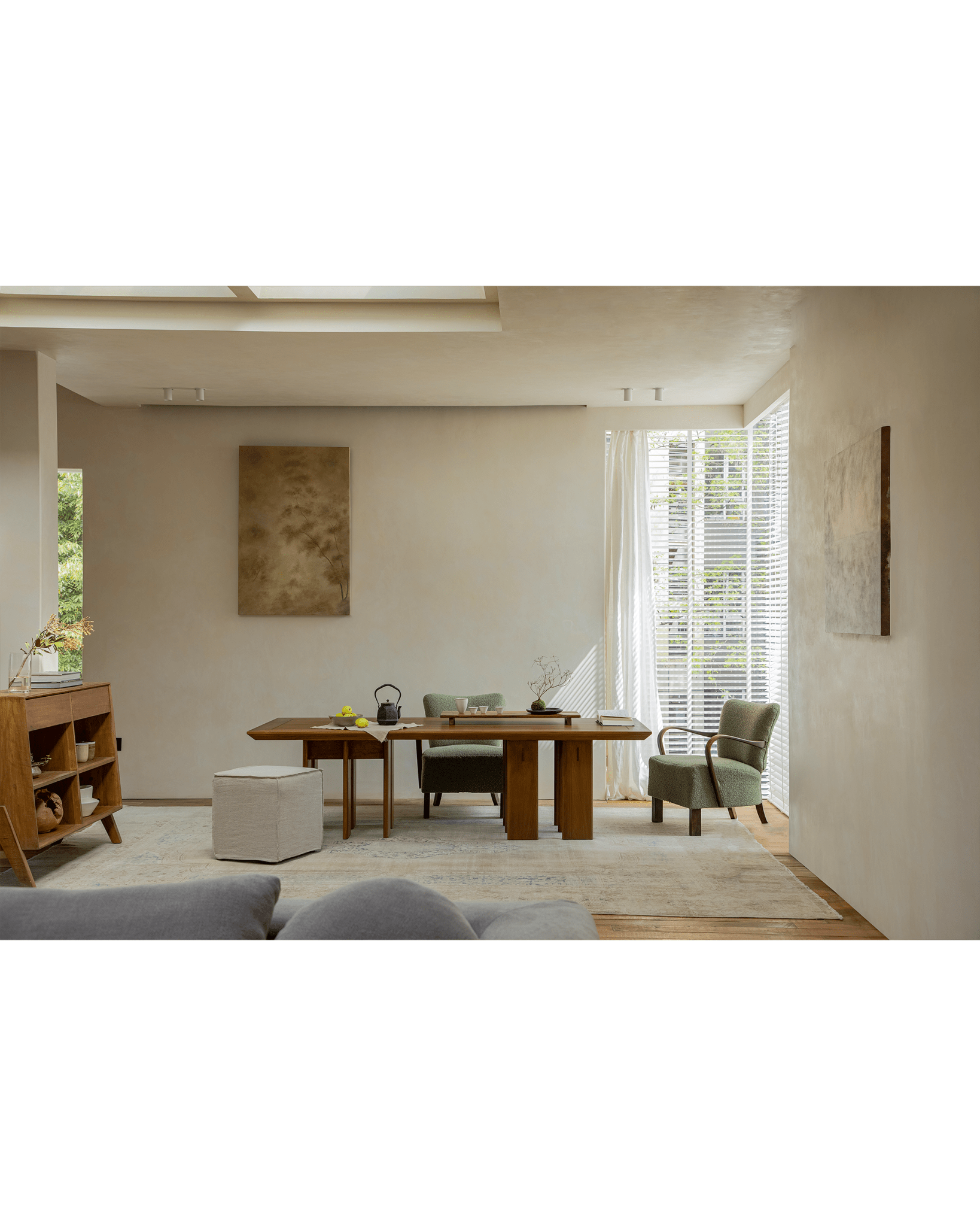 Titan Teak Dining Table in modern dining room setting, multi-leg design, teak wood, natural light.