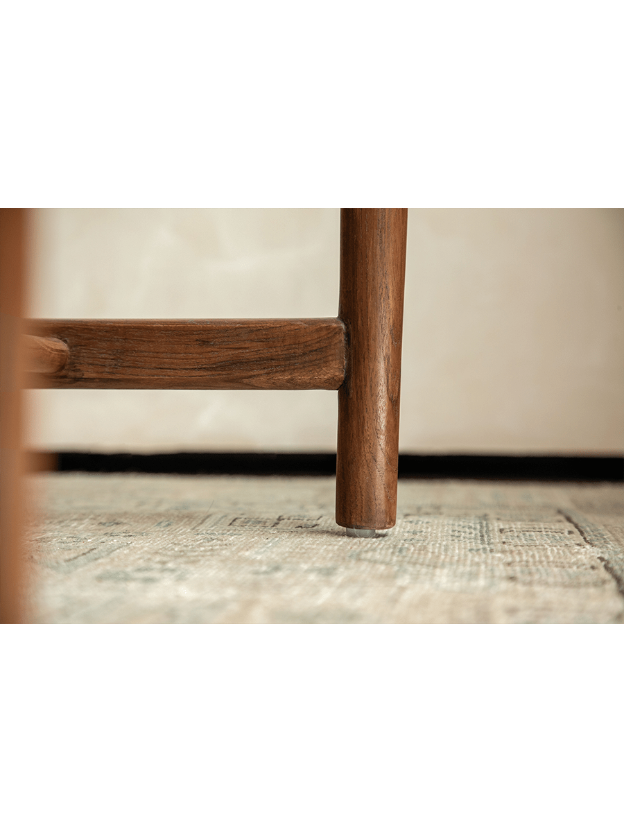 Spanish Dining Chair detail: Teak wood leg with mortise and tenon joint, durable design