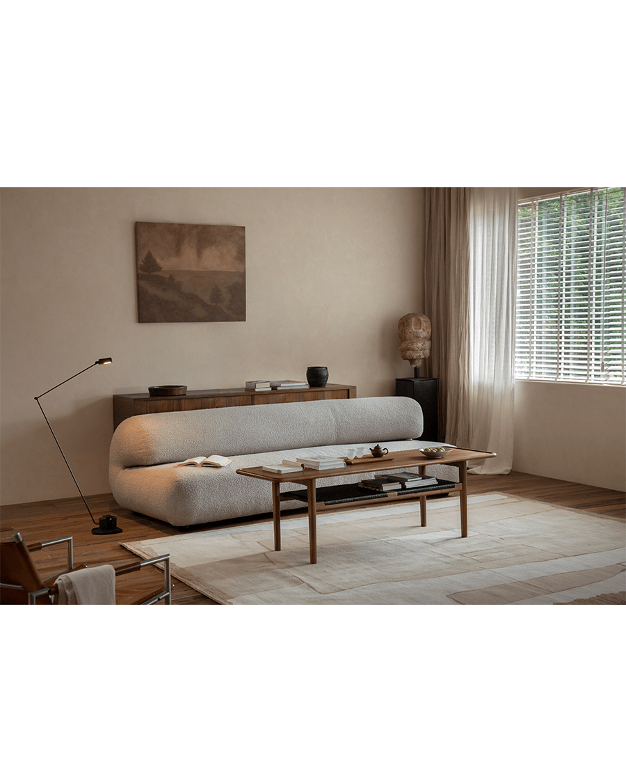 Hans Accent Table in modern living room, wooden coffee table, minimalist decor