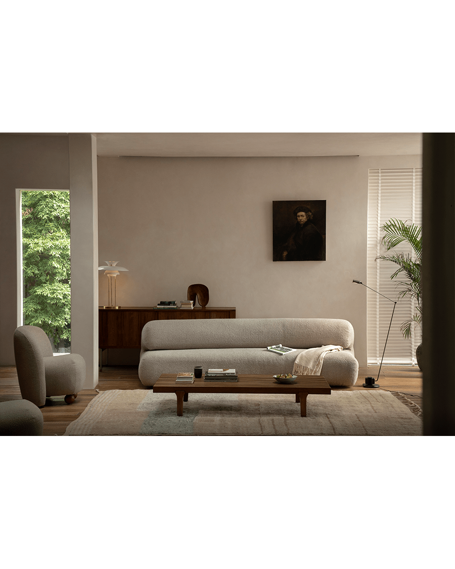 Wave Bouclé Sofa in a stylish living room setting with bouclé fabric and wave design