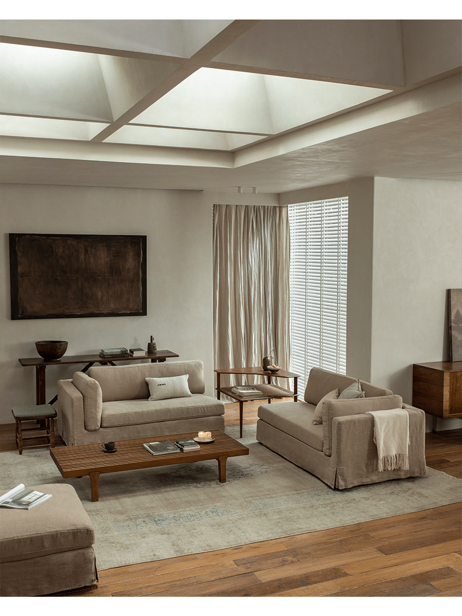 Beige Skirt Sectional Sofa in a modern living room, linen fabric, modular design