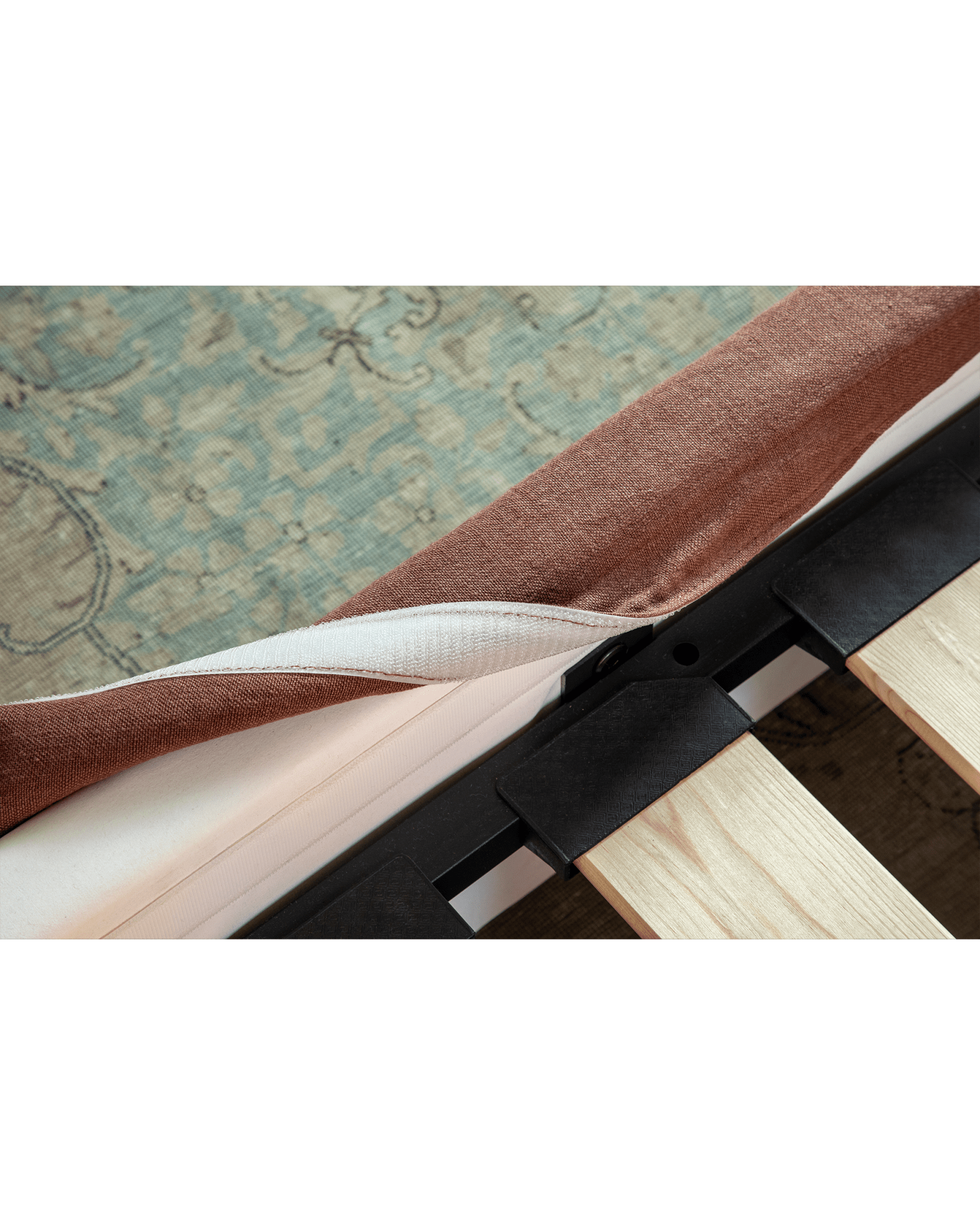 Freya Linen Bed detail, terracotta linen upholstery, solid pine frame, easy-to-clean detachable design