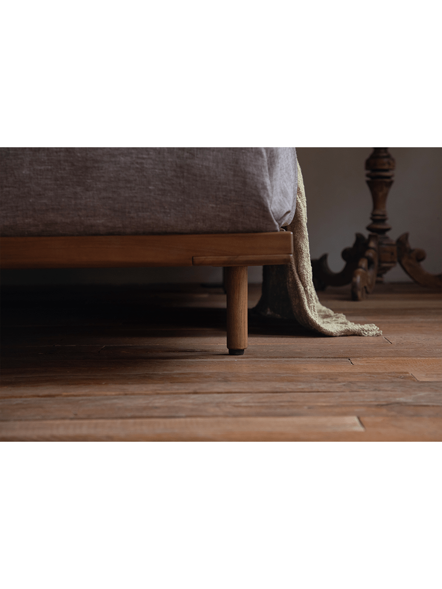 Seren Teak Linen Bed detail: Solid teak wood frame and linen cover, rustic bedroom design