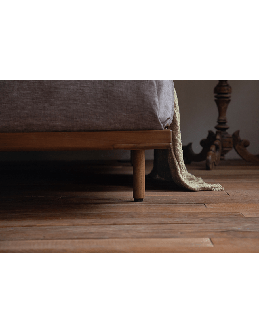 Seren Teak Linen Bed detail: Solid teak wood frame and linen cover, rustic bedroom design