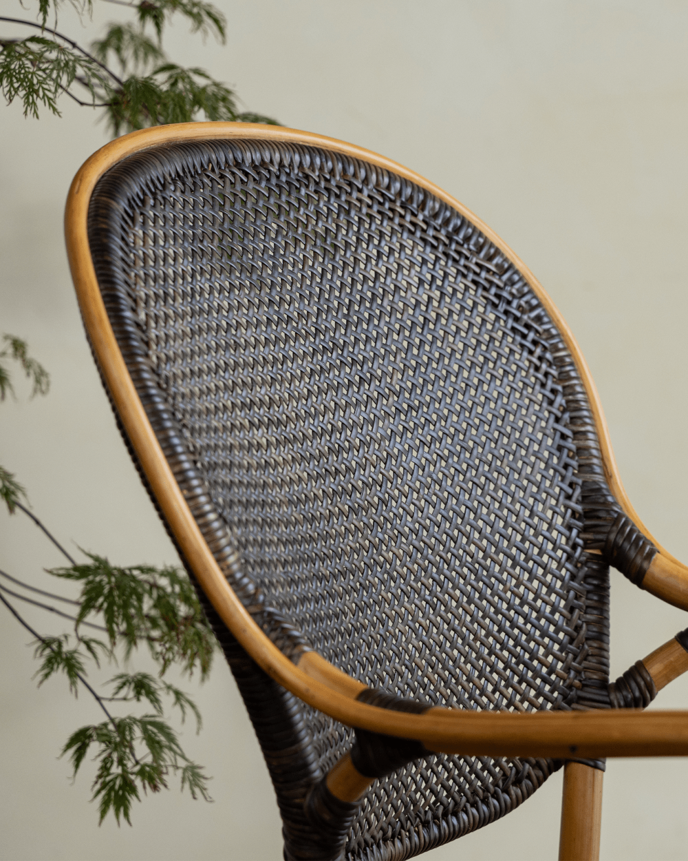 Close-up of Areca Rattan Chair, showing handwoven dark brown rattan backrest with wooden frame, natural comfort design