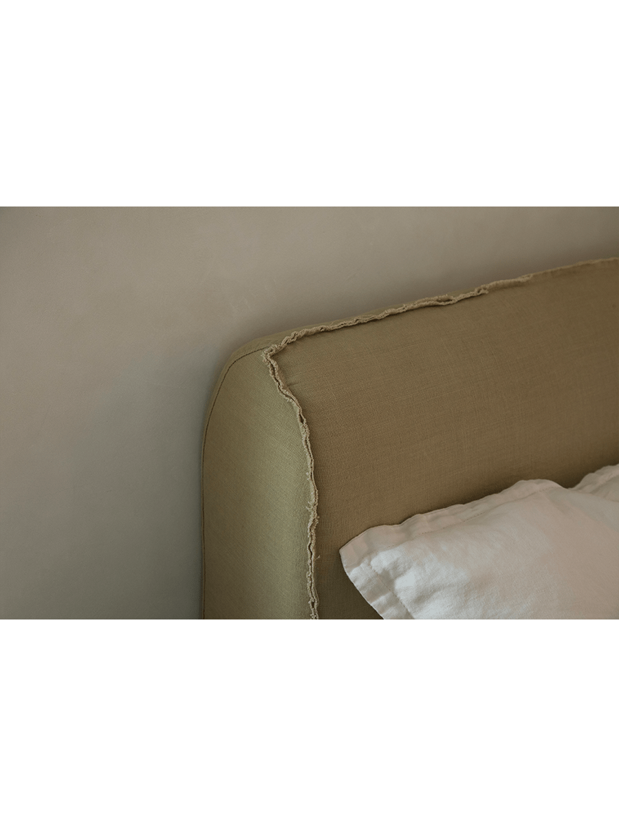 Seren Teak Linen Bed headboard detail: Linen cover in muted green, rustic design, serene bedroom aesthetic