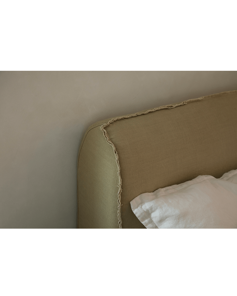 Seren Teak Linen Bed headboard detail: Linen cover in muted green, rustic design, serene bedroom aesthetic