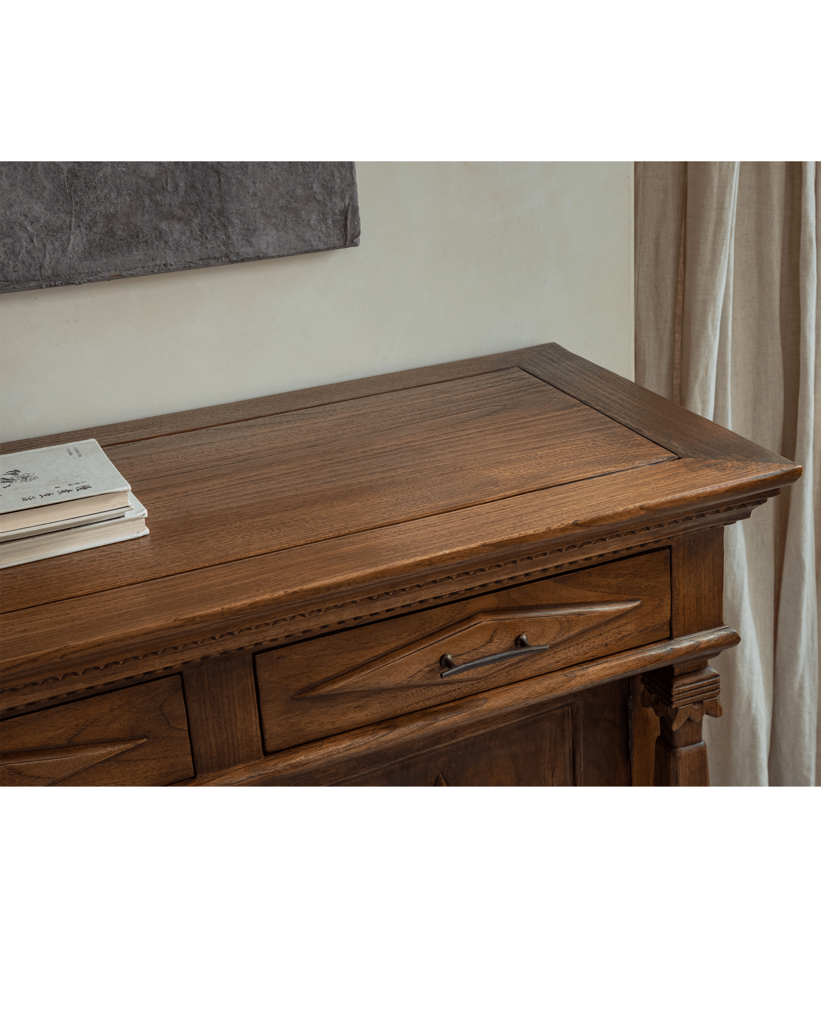Victoria Teak Cabinet: Rich teak wood, ornate carved drawer with antique brass pull, detailed edge.