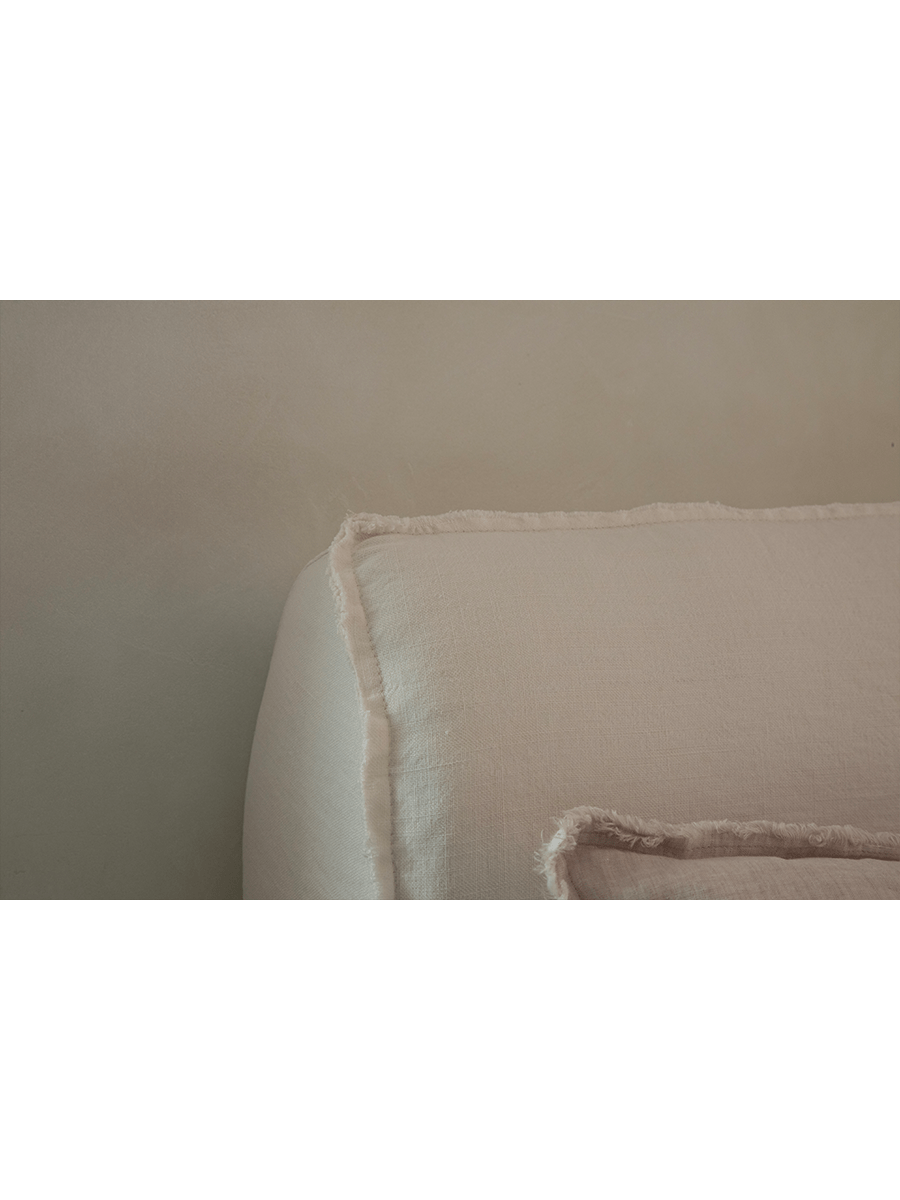 Seren Teak Linen Bed headboard detail: Linen cover with frayed edges, serene bedroom design, muted color
