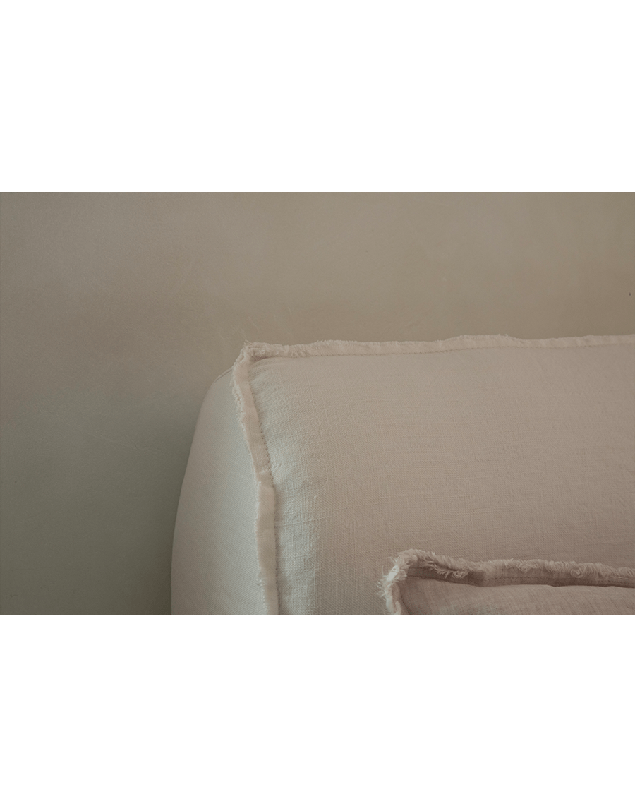 Seren Teak Linen Bed headboard detail: Linen cover with frayed edges, serene bedroom design, muted color