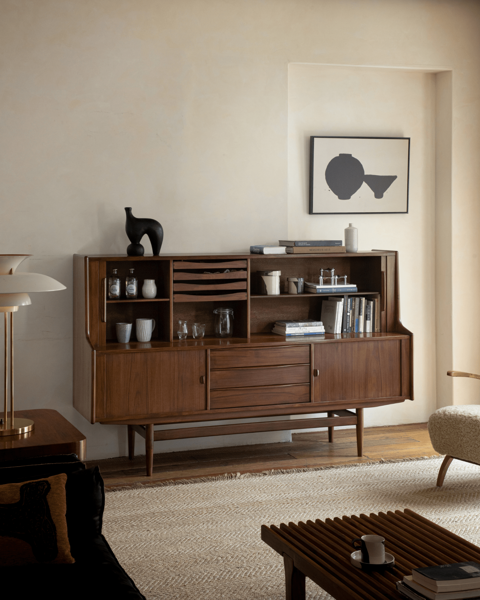 Ibu Teak Sideboard, teak wood design, modern Scandinavian style, featuring tambour doors, drawers and open shelving.