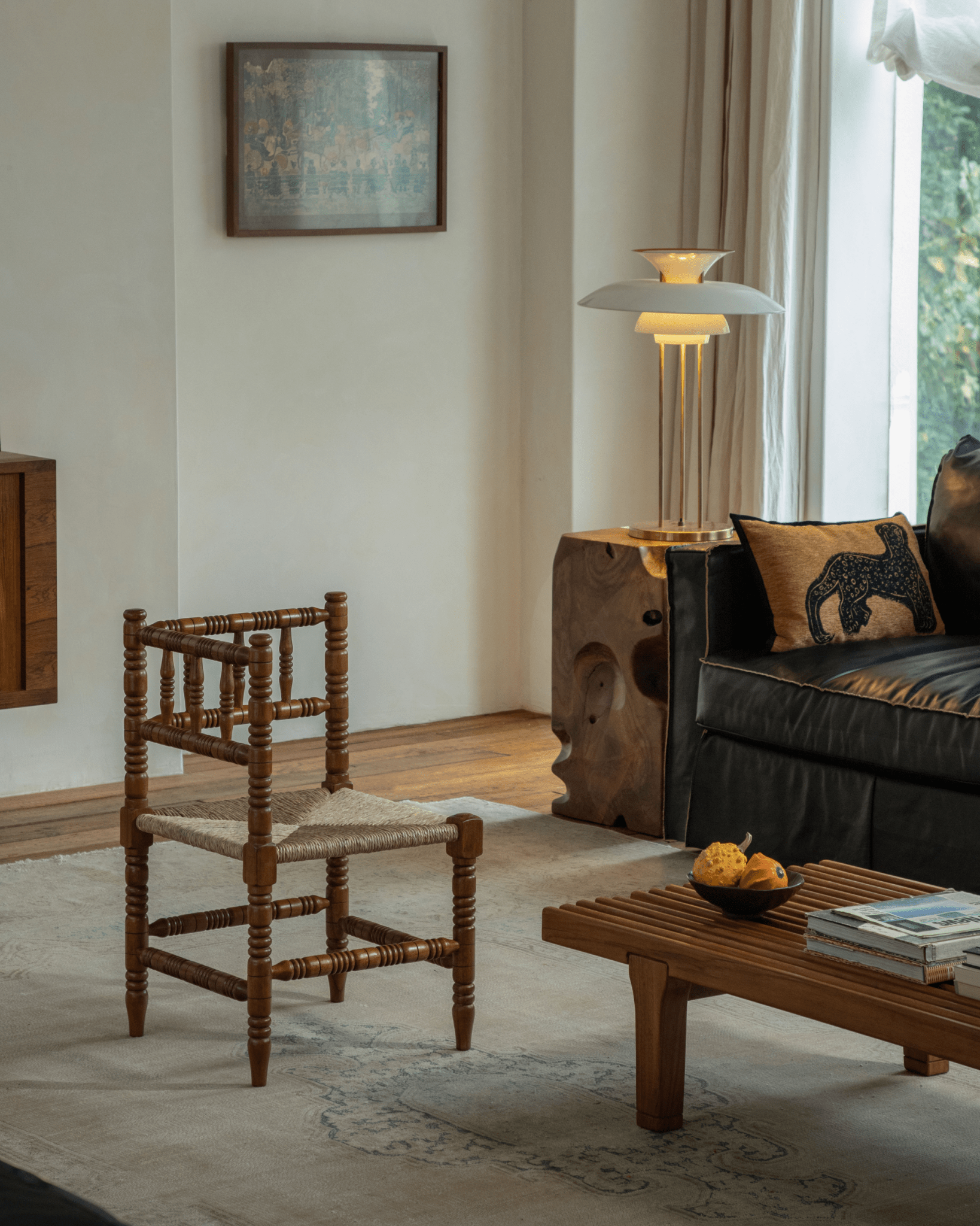 Bobbin Corner Chair - French Vintage style, wooden frame and woven seat, interior design