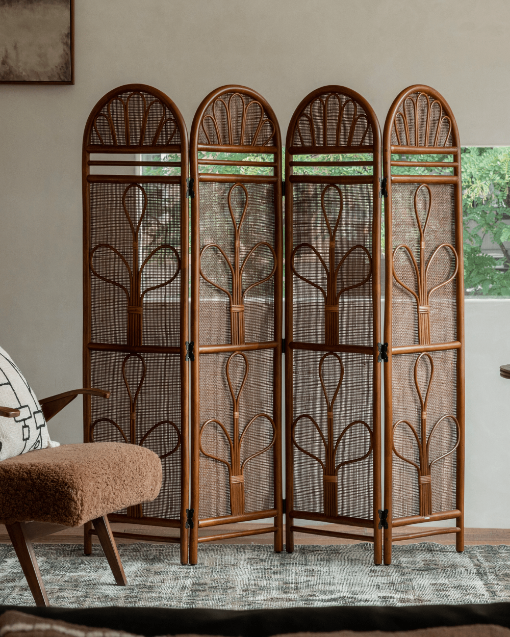 GeTan Rattan Room Divider: 4 panels, arched top, woven Indonesian agate vine design.
