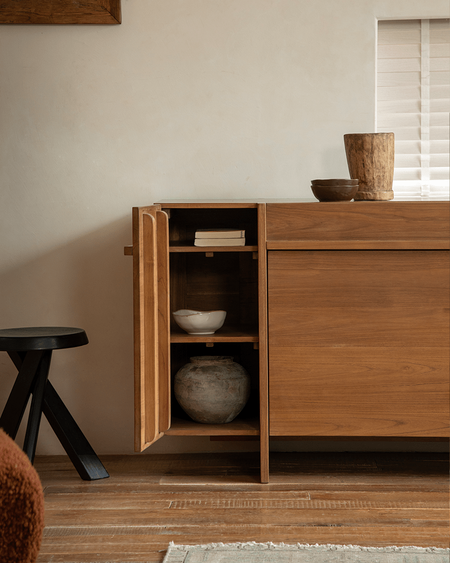 NO.42 Teak Sideboard, teak wood buffet-style, door open, showcasing interior storage and elegant design.