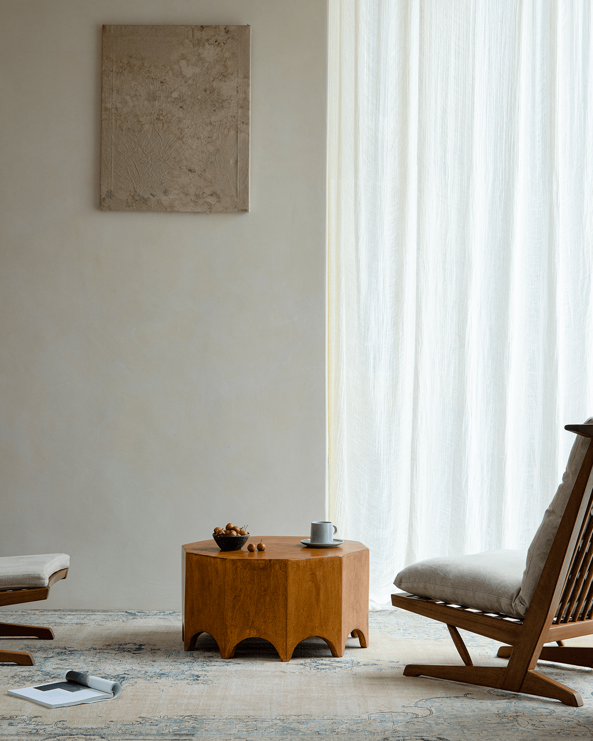 Decagon Side Table in solid rainwood, with ten-sided design, coffee table in modern living room.