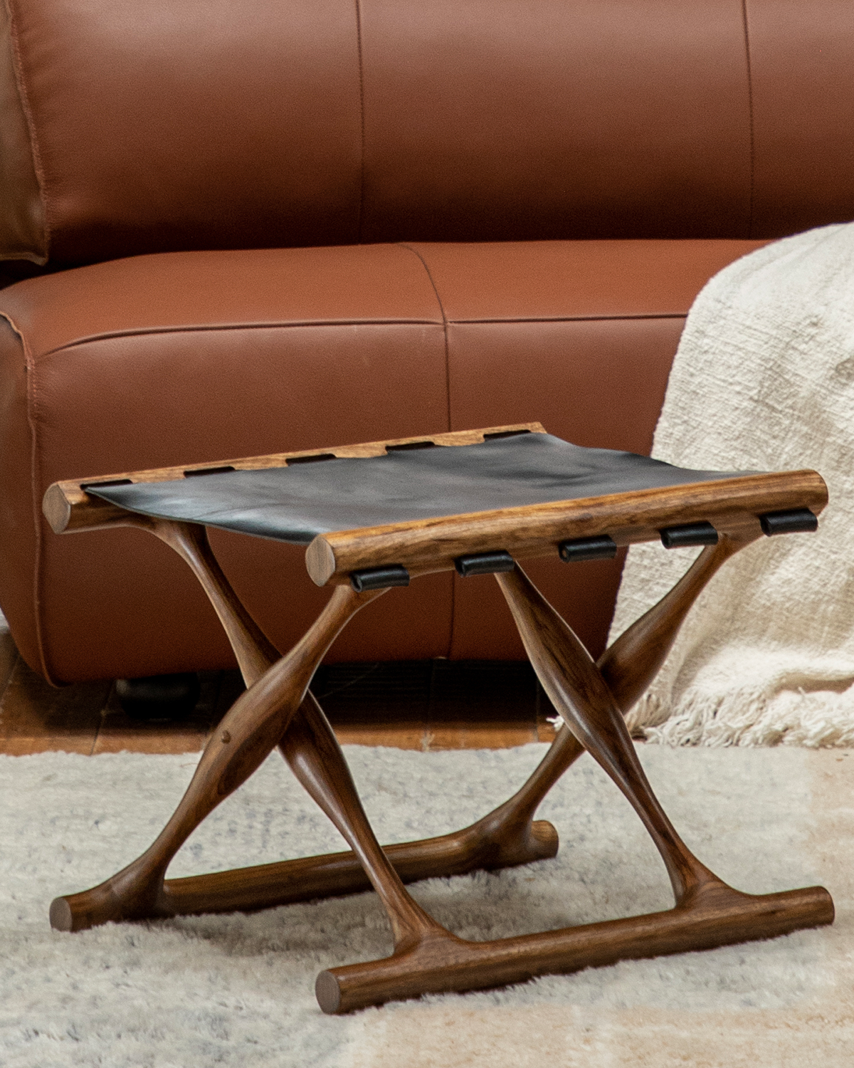 Maverick Leather Stool | Foldable Teak & Saddle Leather - ZM Home Maverick Leather Stool | Foldable Teak & Saddle Leather - ZM Home