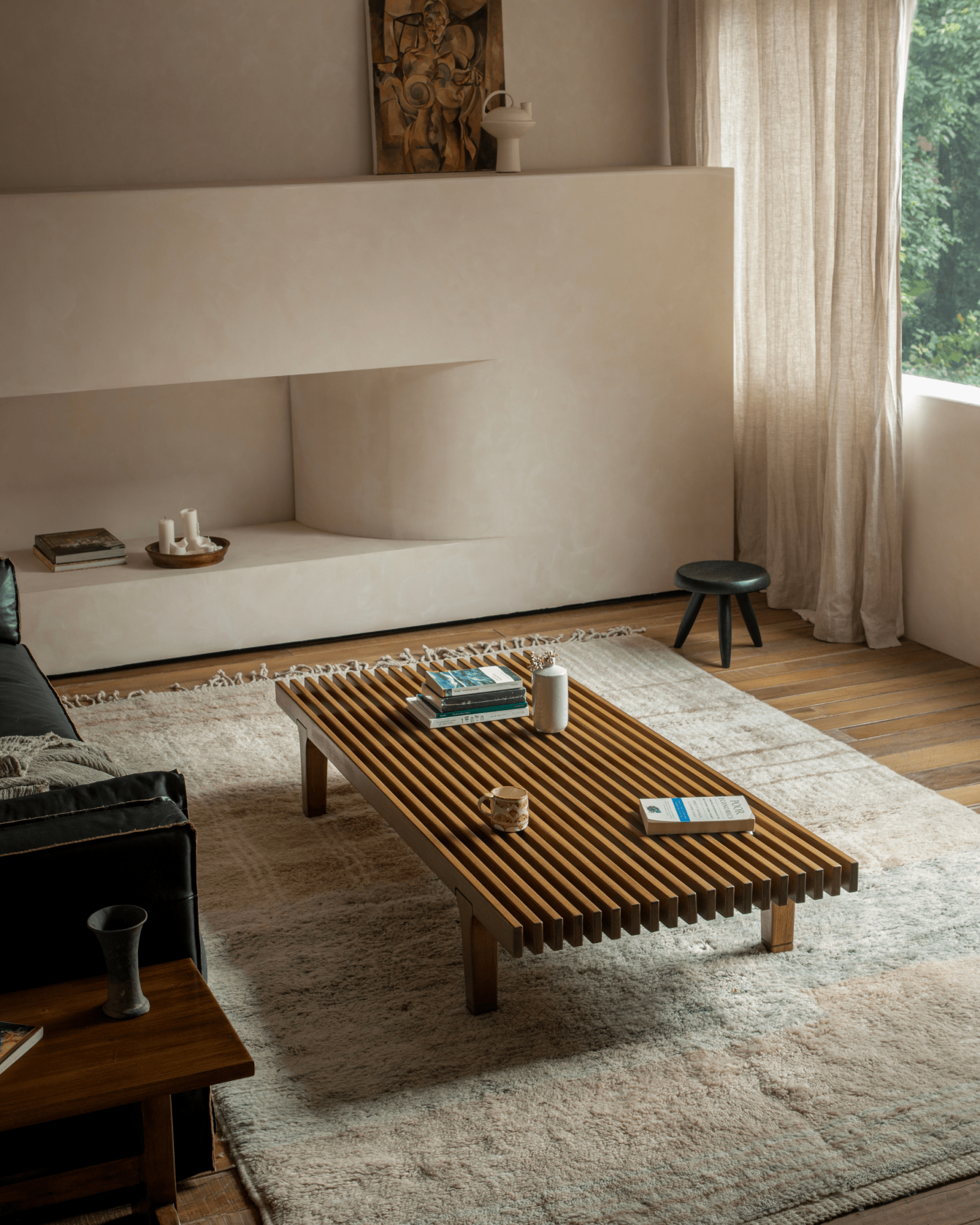 ZM Daybed Coffee Table, teak wood with slatted design. Modern living room, minimalist style, natural aesthetic.