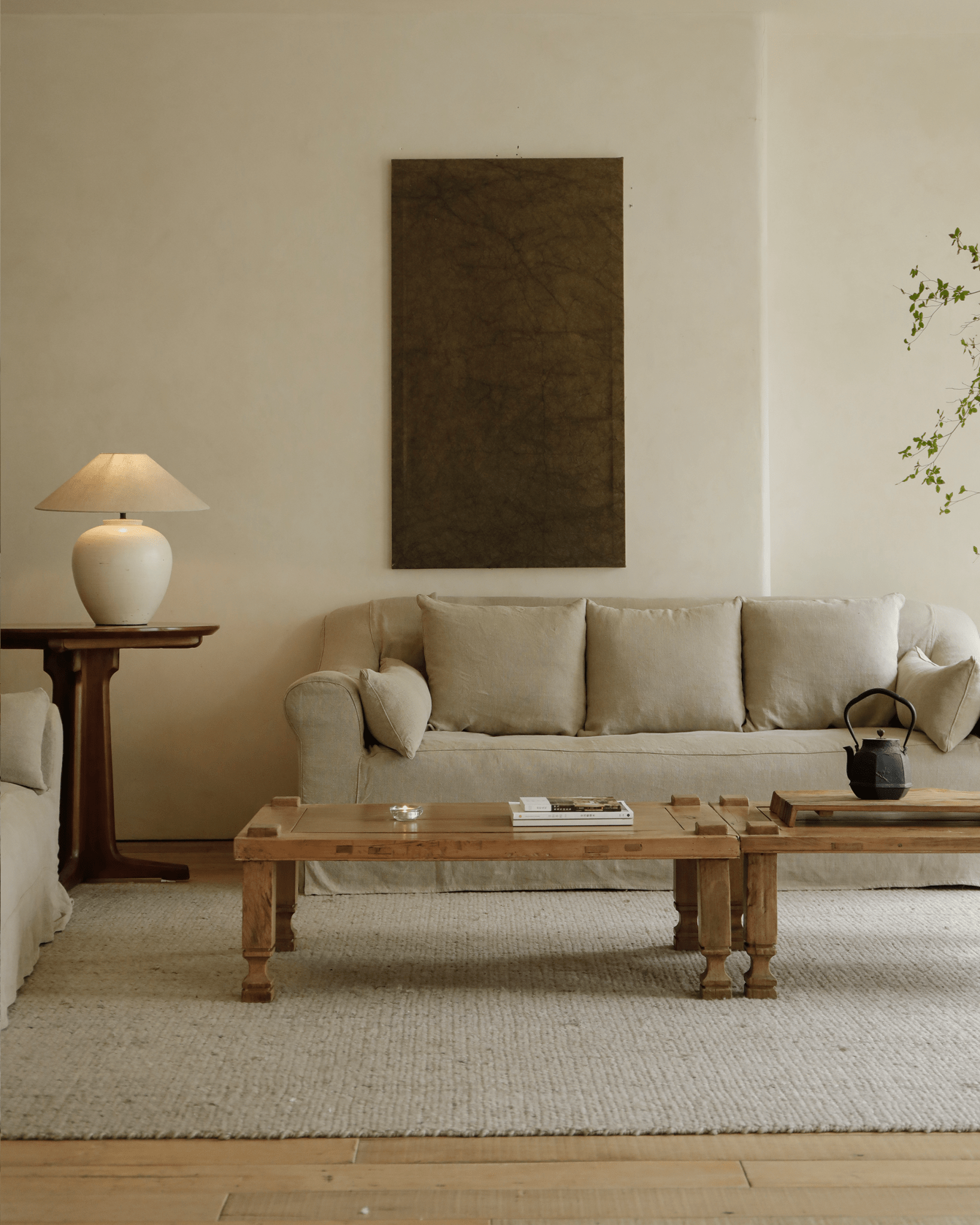 Keoni Coffee Table in natural living room setting, rustic reclaimed wood and simple design.