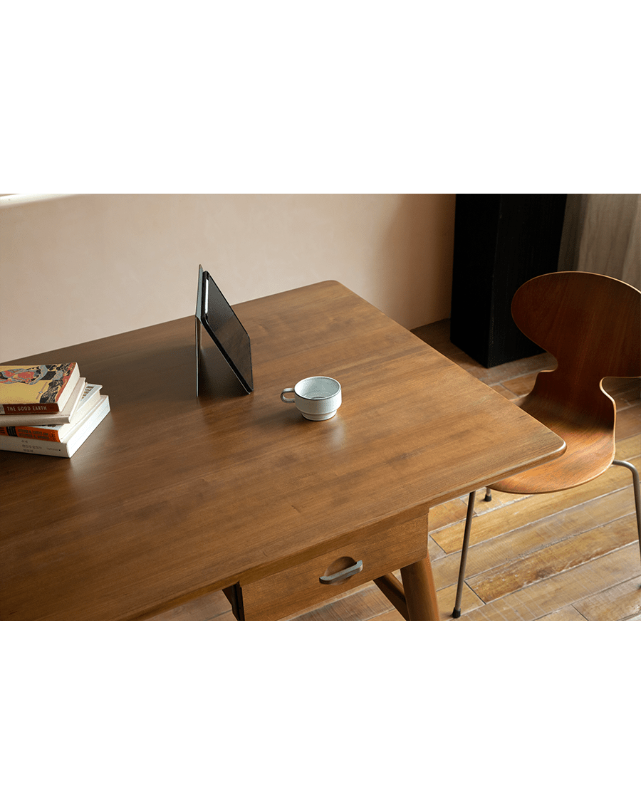 Architect Desk in teak wood, modern workspace with tablet, wooden chair, and cup