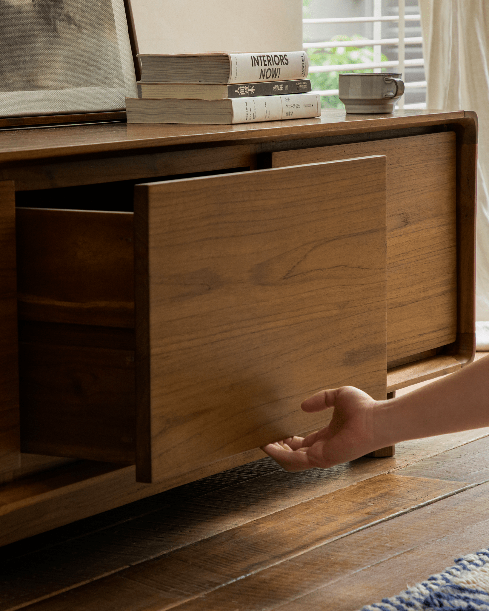 NO.34 Media Console with open drawer, displaying wooden construction.