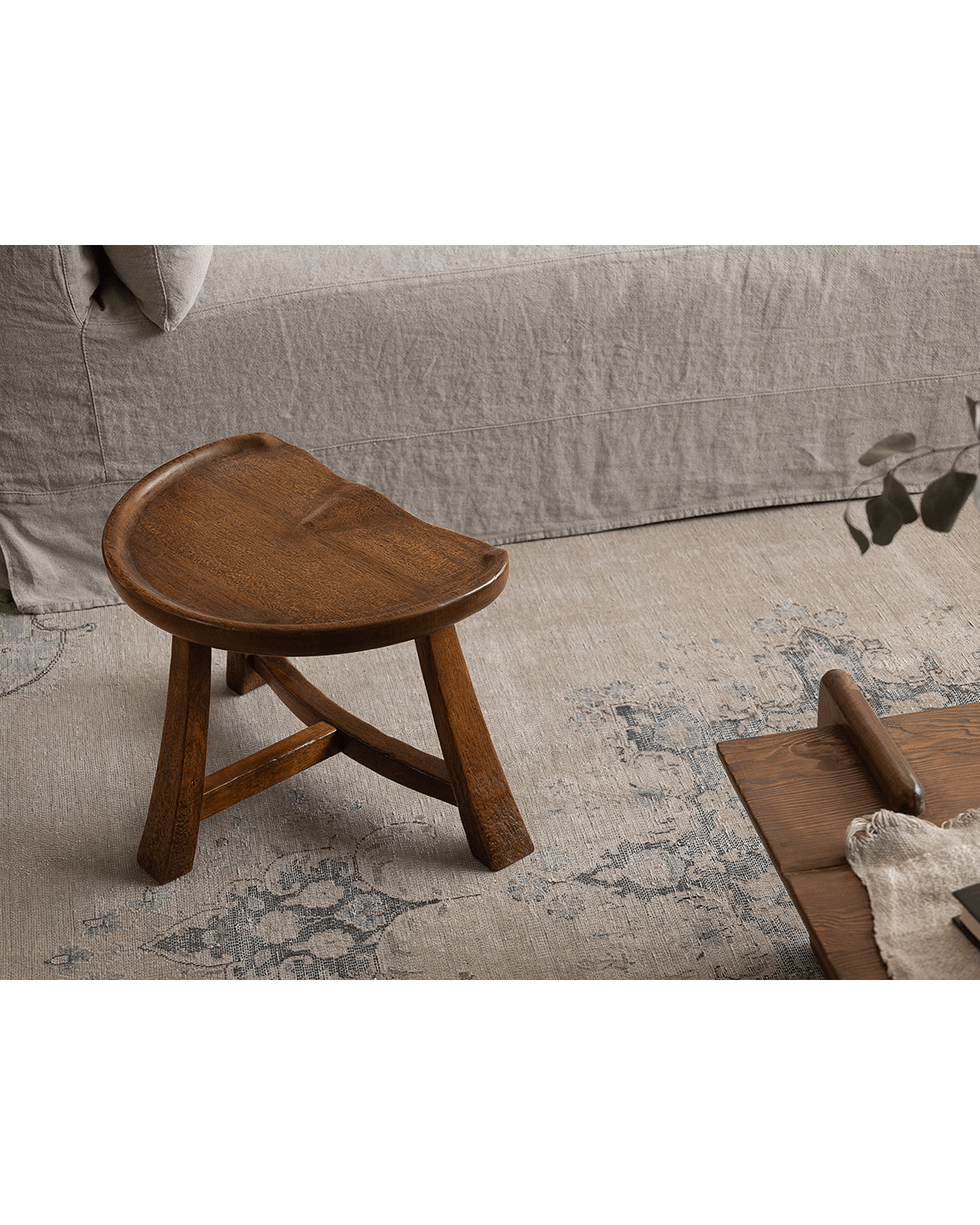 Natural teak wood Pod Stool with carved saddle seat, vintage design side table.