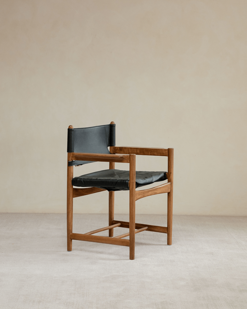 Spanish Dining Chair with black leather seat and teak wood frame