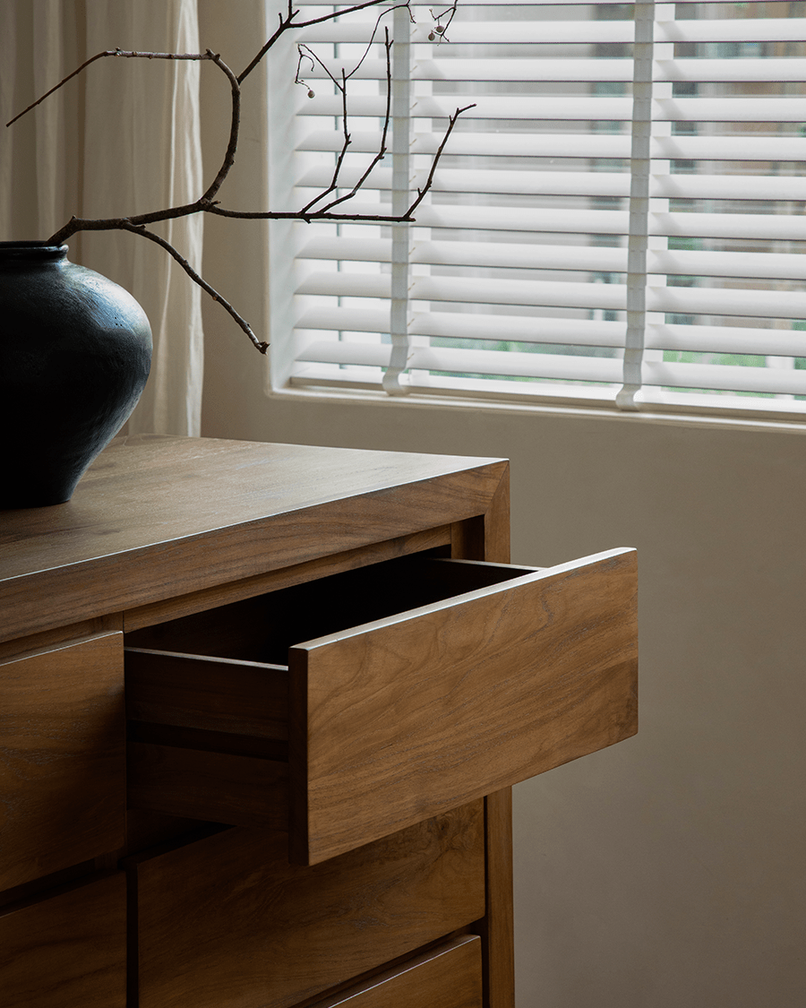 Palette Teak Sideboard, open drawer revealing solid teak wood construction, modern design